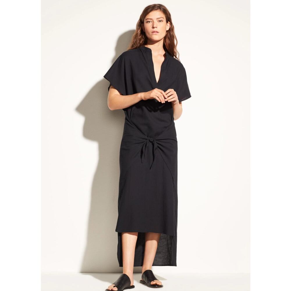 VINCE Black Midi Maxi Tie Front Wrap Dress Medium Modern Minimalist Short Sleeve